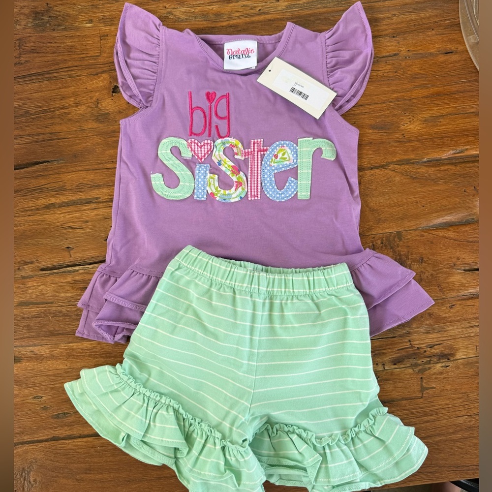 Purple 'Big Sister' Top and Green Striped Shorts Set